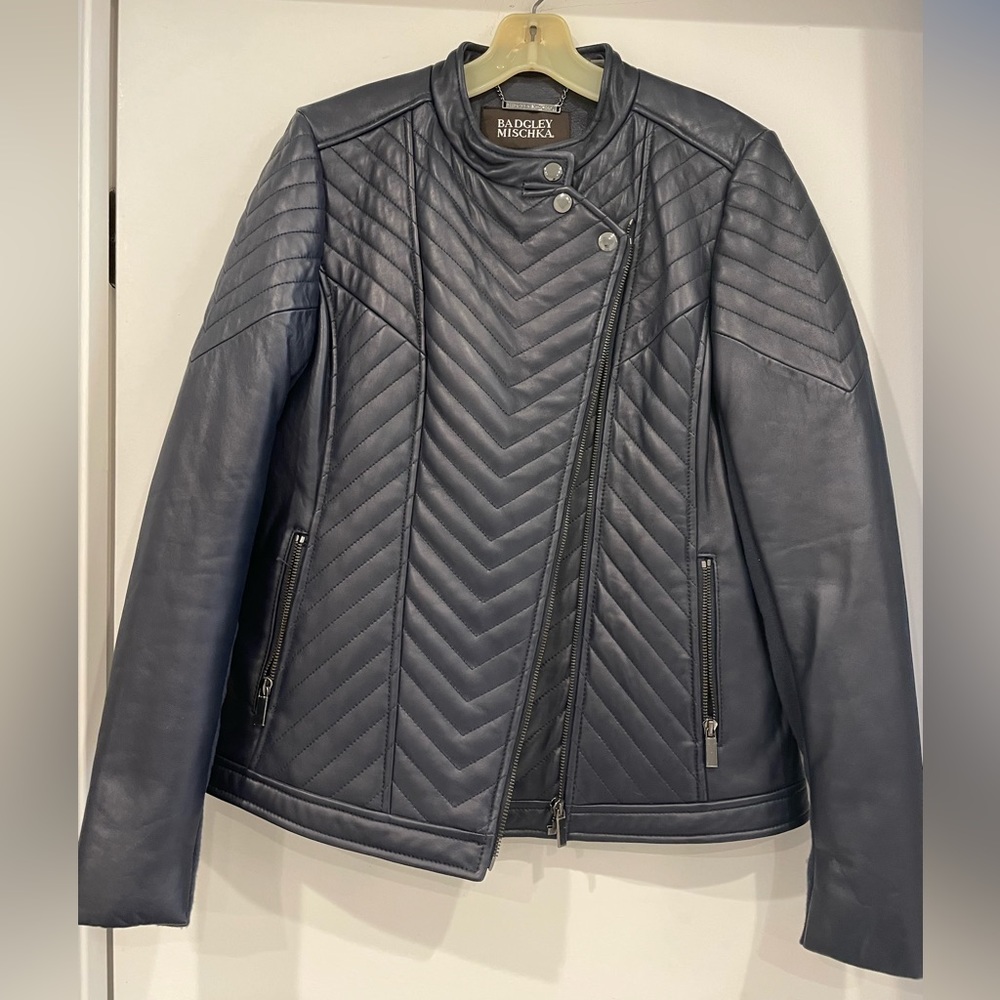 Badgley Mischka navy leather moto jacket
